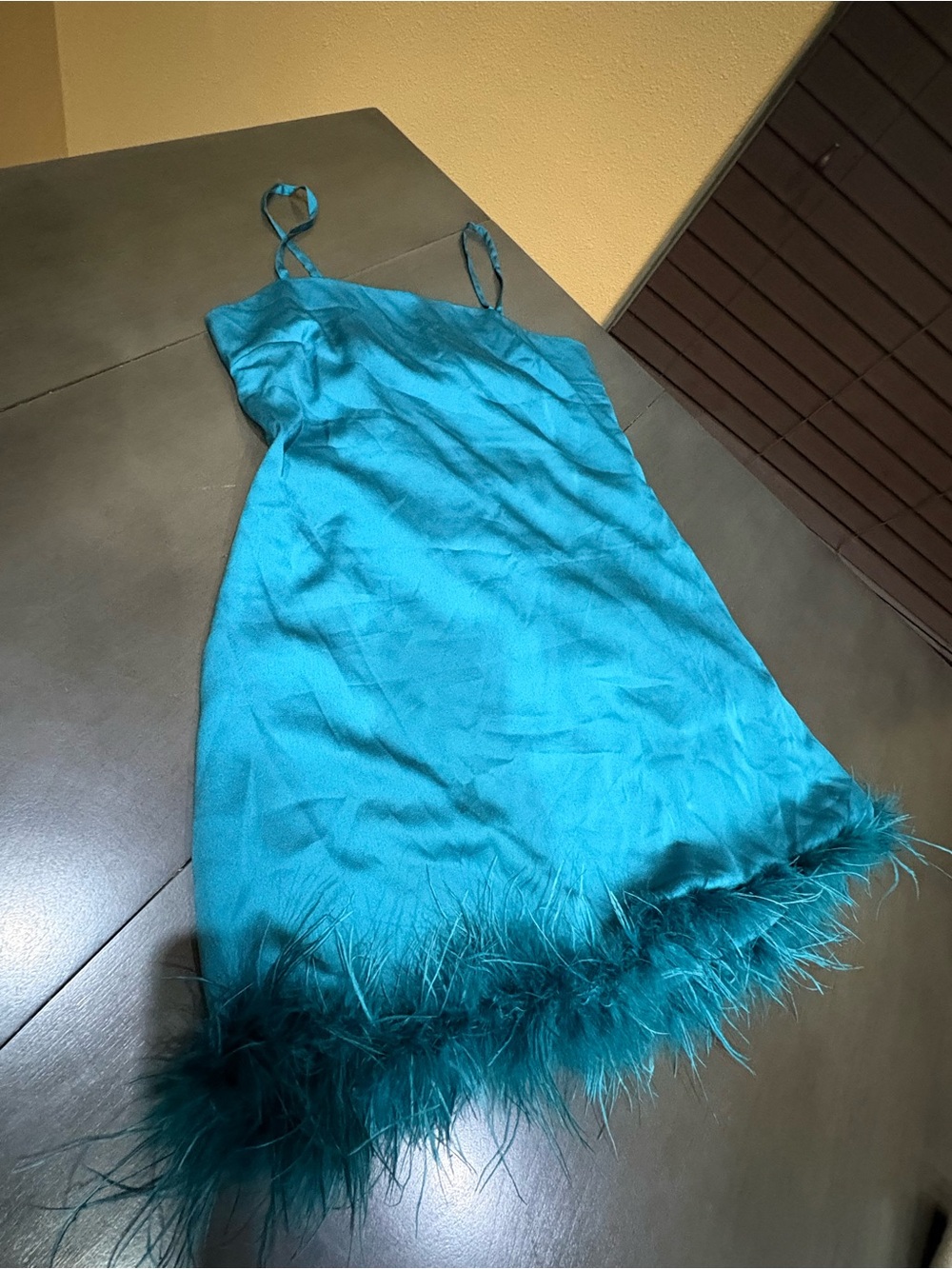 Thirty Thirty LA Teal Satin Feather Mini Dress Y2K